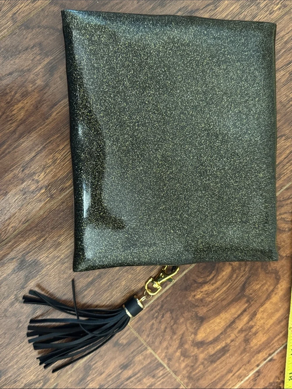 Small Makeup Junkie Bags Glitter Gold and Black Cosmetic Pouch w Tassel 8” x 7”